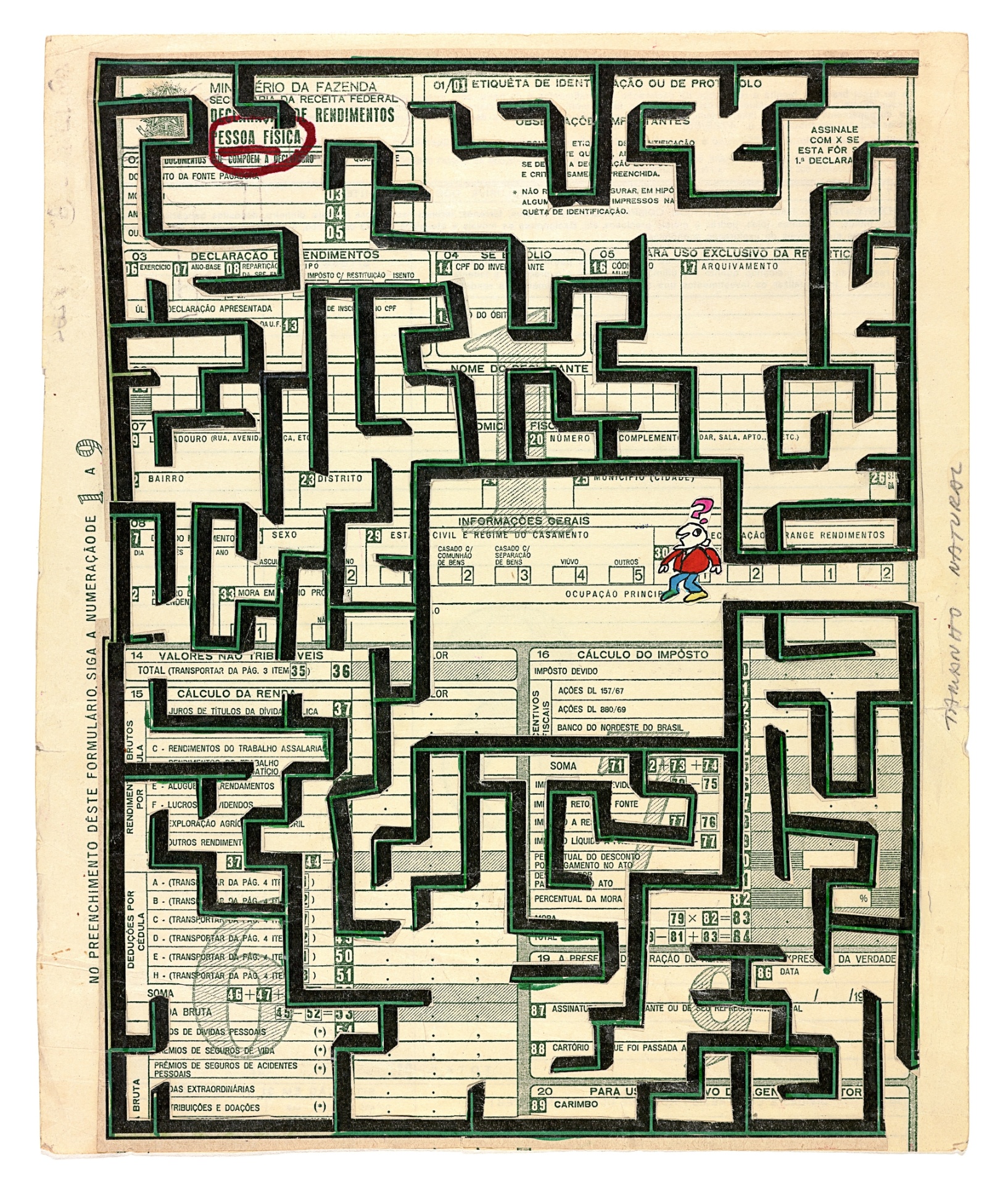 Desenho para publicação na revista "Veja", em 1973. Impressão, colagem e hidrocor sobre papel, 24,8 x 20,6 cm. A exposição "Millôr: obra gráfica" fica em cartaz de 17 de abril a 21 de agosto de 2016, no Instituto Moreira Salles (rua Marquês de São Vicente, 476, Gávea, Rio de Janeiro). A entrada é franca - Acervo Millôr Fernandes / Instituto Moreira Salles