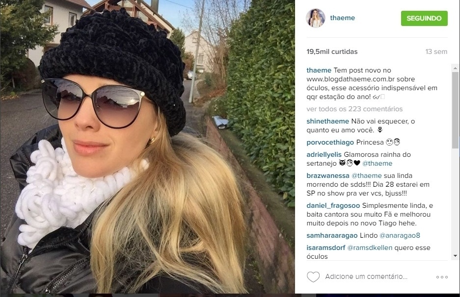 Em seu Instagram, Thaeme dá dicas de beleza e moda para suas fãs - Reprodução/Instagram