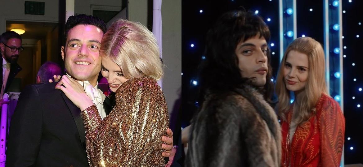 Rami Malek e Lucy Boynton em festa pós-Globo de Ouro e no filme "Bohemian Rhapsody" - Getty Images e Divulgação