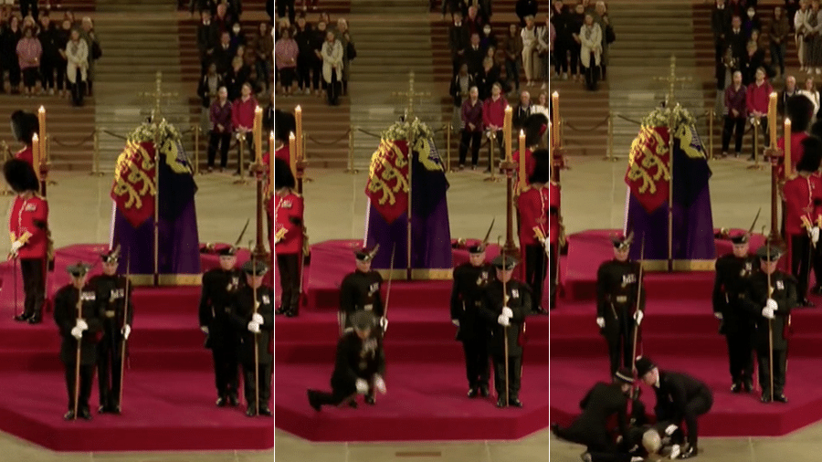 Guarda cai próximo ao caixão da rainha Elizabeth 2ª - Reprodução/BBC