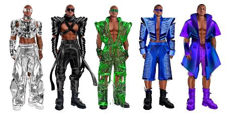 Croquis dos looks de Carnaval de Léo Santana em 2024: o prata na quinta (8); o azul na sexta (9); o preto no sábado (10); o verde no domingo (11); e o roxo na terça (13)