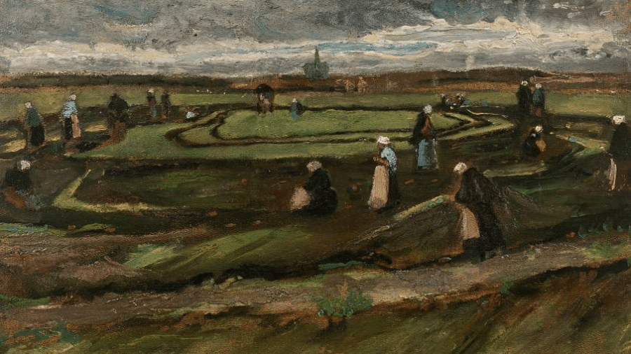 O quadro "Raccommodeuse de filet dans les dunes", de Van Gogh - Reprodução