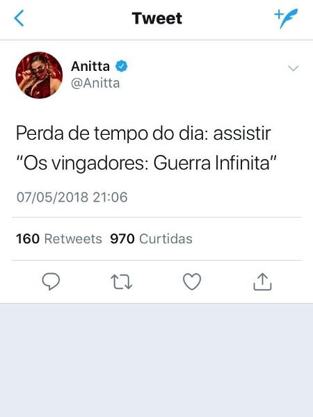 Anitta reclama de "Os Vingadores: Guerra Infinita" e internet não perdoa - Reprodução/Twitter