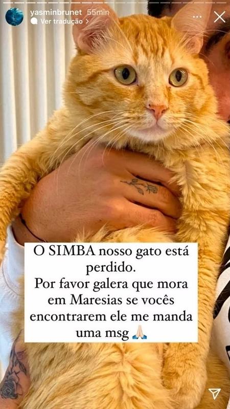 Yasmin Brunet gato - Reprodução: Instagram - Reprodução: Instagram