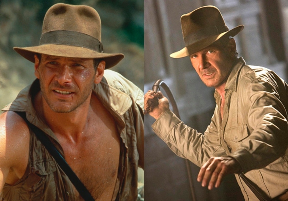 Cena dos filmes "Indiana Jones e o Templo da Perdição" (1984) e "Indiana Jones e o Reino da Caveira de Cristal" (2008) de Steven Spielberg - Montagem/Reprodução