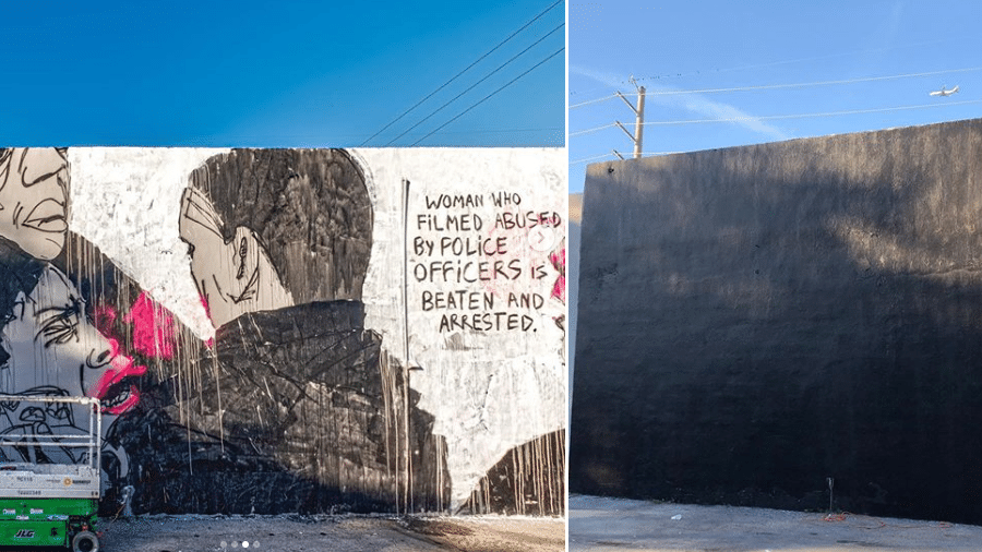 O mural grafitado por Panmela Castro e, no dia seguinte, o mesmo mural pintado de preto - Reprodução/Instagram