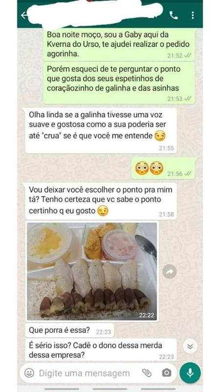 Mensagem com assédio enviada por cliente a funcionária de restaurante em Porto Velho - Arquivo pessoal