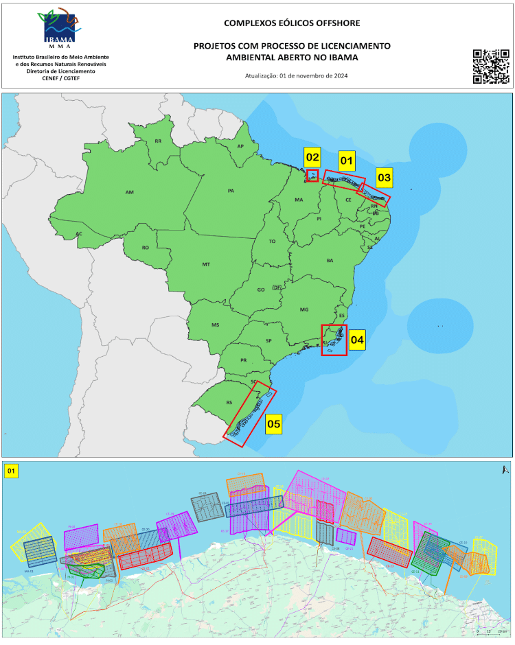 Mapa do Ibama mostra projetos com licenciamento ambiental em processo para parques eólicos. No detalhe, temos o litoral do Piauí e Ceará, com muitos projetos se sobrepondo