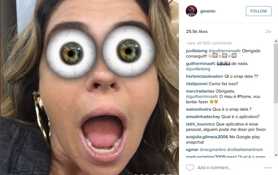 1.mar.2016 - Giovanna Antonelli descobriu os aplicativos de transformação de rosto recentemente e ficou chocada com a novidade - Reprodução/Instagram/gioantonelli