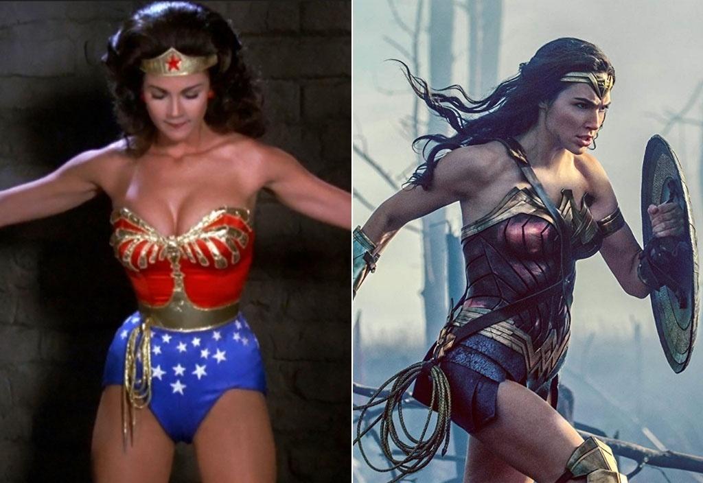 À esquerda, Lynda Carter no seriado "Mulher-Maravilha" (1975-79). À direita, Gal Gadot em "Mulher-Maravilha" (2017) - Divulgação
