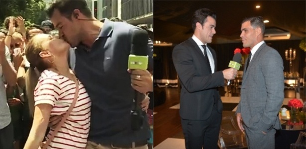 À esq., Joaquim Lopes ganha selinho de fã durante matéria em São Paulo, à dir. ele entrevista o ator Juliano Cazarré  - Reprodução/Gshow/Video Show - Reprodução/Gshow/Video Show