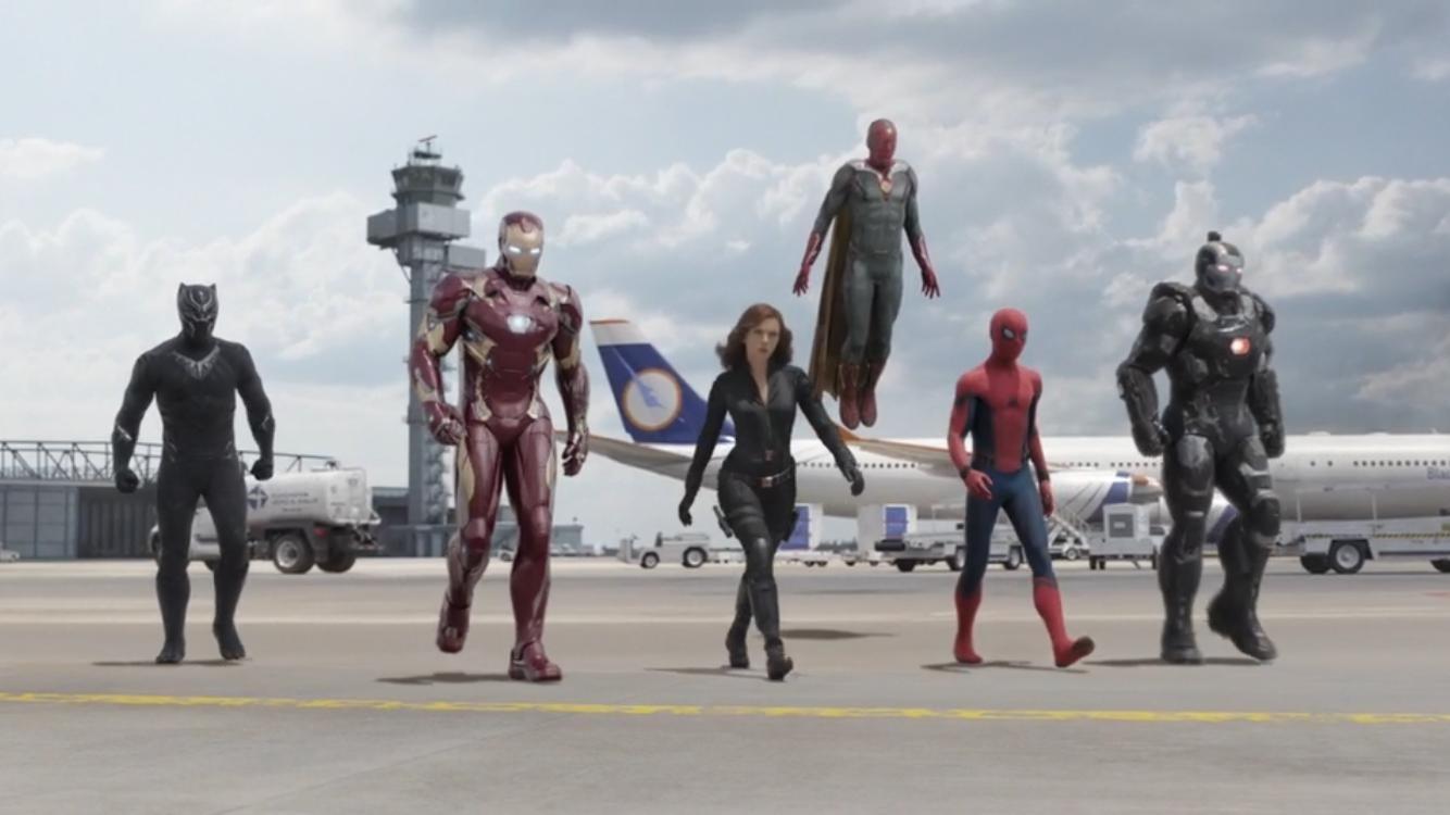 Don Cheadle, Robert Downey Jr., Paul Bettany, Scarlett Johansson, Chadwick Boseman e Tom Holland em cena de "Capitão América: Guerra Civil" (2016) - Divulgação
