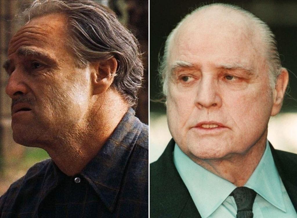 À esquerda, o ator Marlon Brando interpreta o personagem Vito Corleone em "O Poderoso Chefão" (1972). À direita, Marlon Brando em 1990 - Reprodução