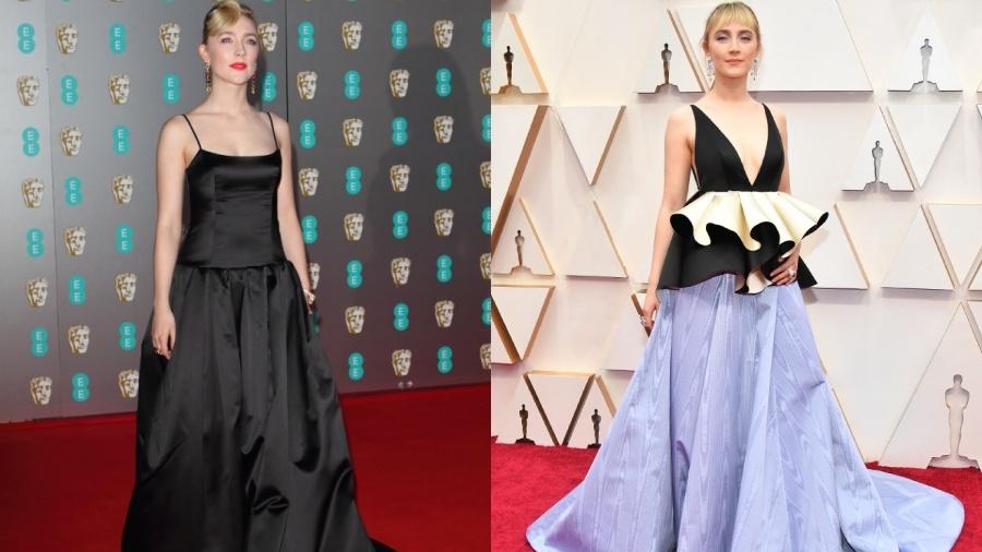 Saoirse Ronan usou vestido preto (à esq.) em premiação no dia 2 de fevereiro; tecido foi reaproveitado no longo para o Oscar 2020 - Getty Images
