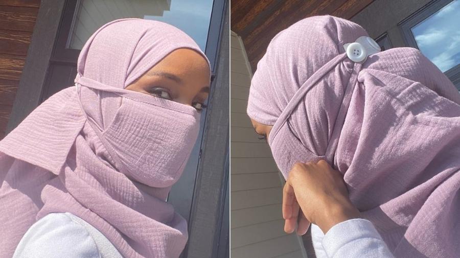 A modelo Halima Aden, 22, criou uma linha de máscaras para mulheres que usam hijab, véu usado por adeptos a algumas religiões - Divulgação