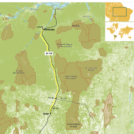 Traçado proposto da Ferrogrão/EF-170 (em amarelo)  - Reprodução - Reprodução