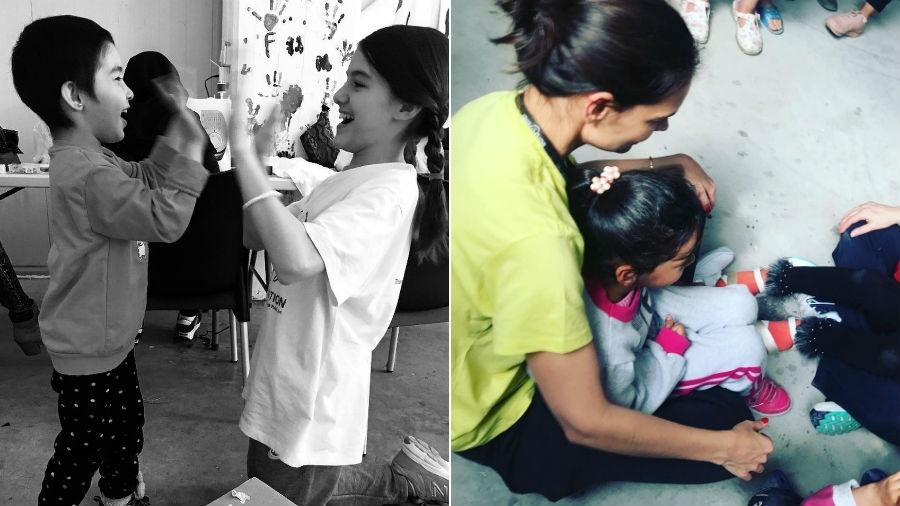 Suri Cruise e a mãe, Katie Holmes, brincam com crianças de campo de refugiados na Grécia - Reprodução/Instagram