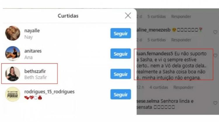 Beth Szafir curte comentário falando mal da neta, Sasha - Reprodução/Instagram - Reprodução/Instagram