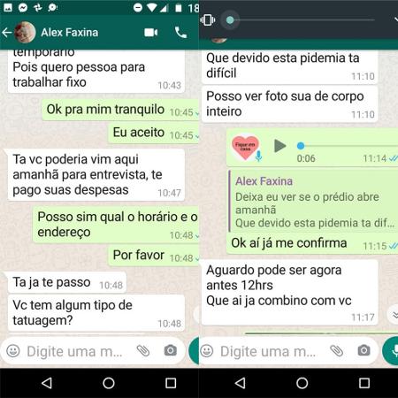 Suposto interessado pede foto de corpo inteiro de candidata à vaga de faxina - Arquivo pessoal