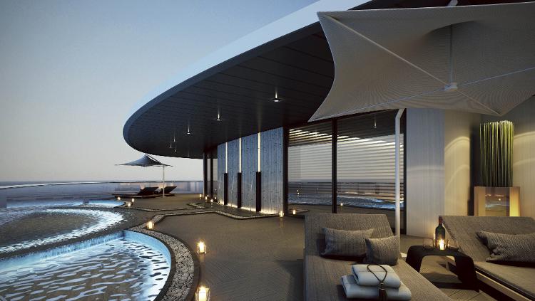 Perspectiva da área de spa de 550 m² do Scenic Eclipse Perspectiva da área de spa de 550 m² do Scenic Eclipse