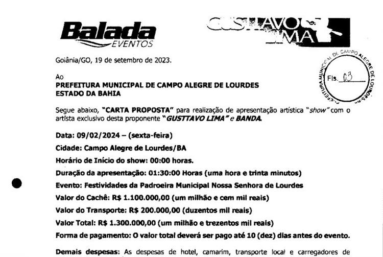 Carta proposta de apresentação de Gusttavo Lima na cidade de Campo Alegre de Lourdes (BA)