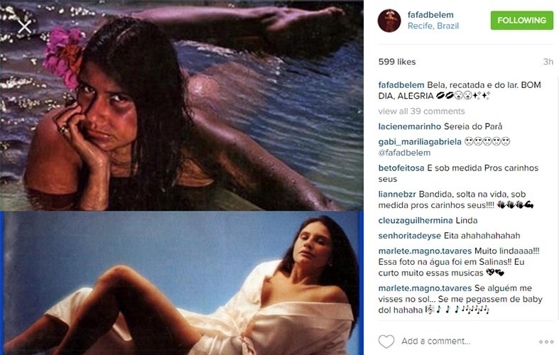 Fafá de Belém adere ao movimento "Bela, Recatada e do Lar", que ironiza a reportagem da revista "Veja" sobre o perfil de Marcela Temer, mulher do vice-presidente Michel Temer - Reprodução/Instagram