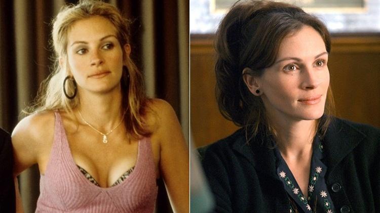 Julia Roberts em "Erin Brockovich" e em "O Sorrido da Monalisa" - Reprodução - Reprodução