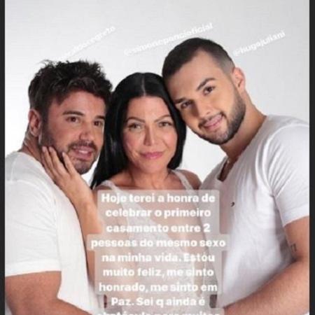 Os noivos Geraldo e Hugo com Simone Poncio, mulher do pastor  - Reprodução/Instagram
