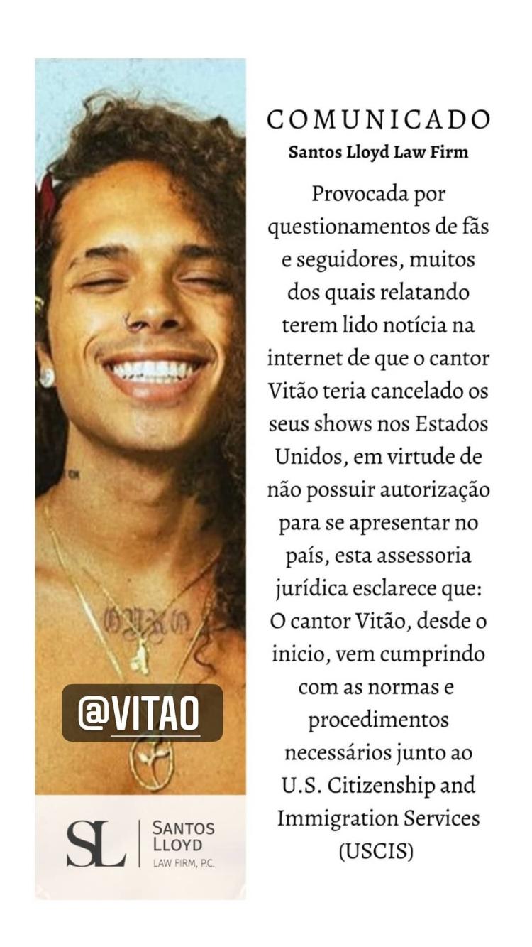 Vitão compartilhou comunicado - Reprodução/Instagram @santoslloydlaw - Reprodução/Instagram @santoslloydlaw
