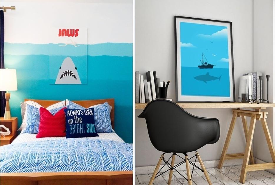 Quem disse que filme de terror só rende decoração de Halloween? Aqui, neste quarto projetado pela designer e blogueira Lindsay Ballard, o ponto de partida foi o eletrizante Tubarão, do diretor Steven Spielberg. A partir de um pôster de MDF inspirado no filme, Lindsay pintou a cabeceira da cama com as cores do mar em degradê e espalhou pelo quarto objetos que refletem a mesma proposta - Makely Home /Divulgação
