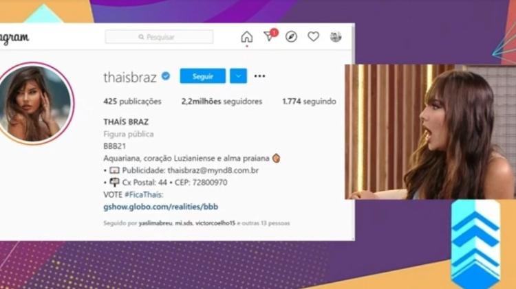BBB 21: Thaís reage ao novo número de seguidores - Reprodução/ Globoplay - Reprodução/ Globoplay