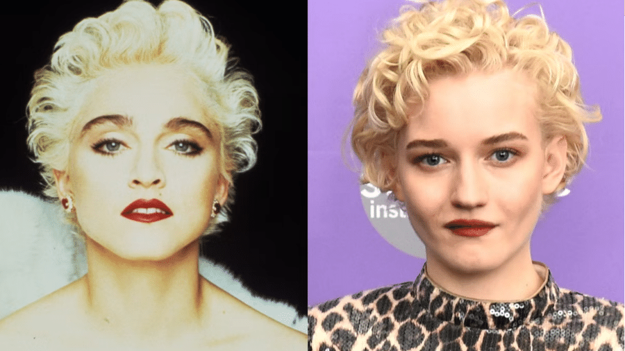 Julia Garner (à direita) deve interpretar Madonna (à esquerda) no cinema - Reprodução