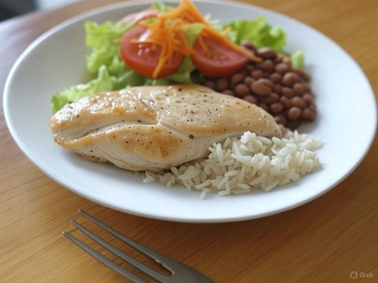 Imagem feita por IA que simula uma refeição com calorias equivalentes às da barra de proteína. Imagem feita por IA que simula uma refeição com calorias equivalentes às da barra de proteína.