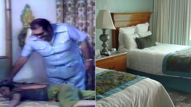 Quarto onde Chaves dormiu em Acapulco em 1977 (à esquerda) e atualmente - Montagem/Reprodução/Arquivo pessoal - Montagem/Reprodução/Arquivo pessoal
