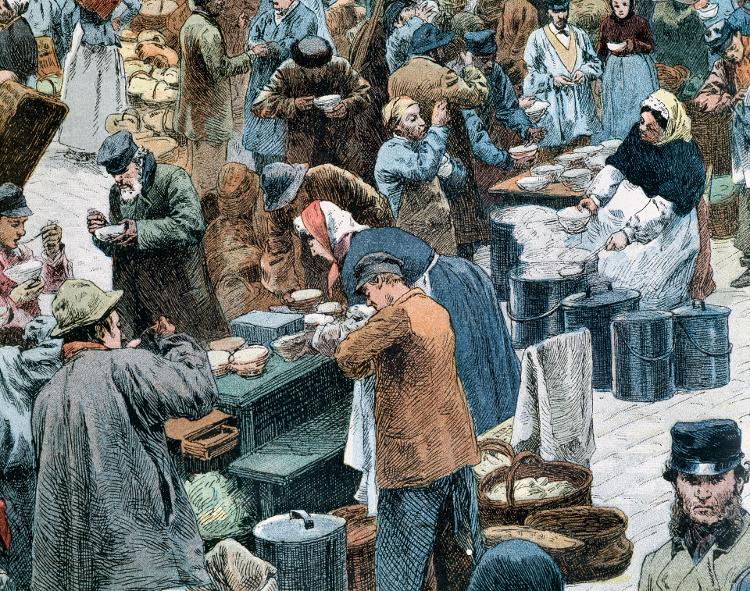 Distribuição de sopa de cebola no mercado de Les Halles, em Paris, 1884