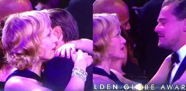 Kate Winslet e Leonardo DiCaprio se abraçam no Globo de Ouro 2016 - Reprodução