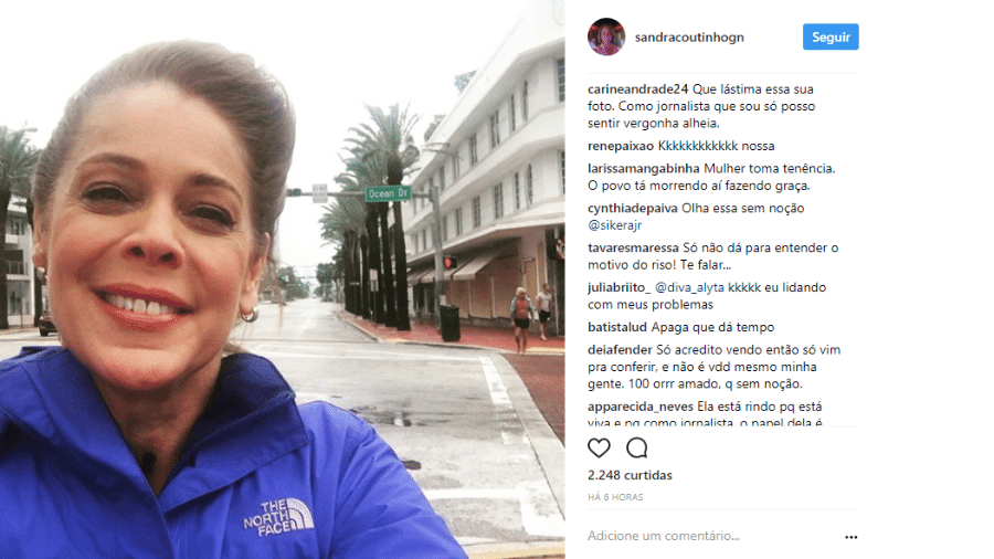 Sandra Coutinho, repórter da Globo, é criticada após publicar foto sorrindo em rota do furacão - Reprodução/Instagram Sandra Coutinho
