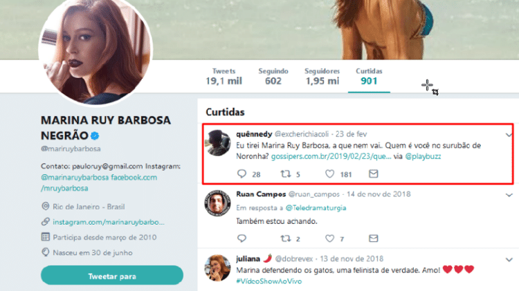 Marina Ruy Barbosa curte no Twitter post de seguidor que fez teste sobre "Surubão de Noronha" - Reprodução/Twitter/@mariruybarbosa - Reprodução/Twitter/@mariruybarbosa