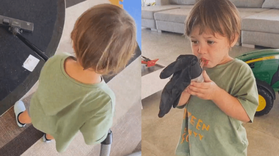 Andressa Suita mostrou Samuel se divertindo com aspirador e enchendo luvas de borracha - Reprodução/Instagram/@andressasuita