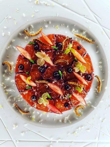 Carpaccio de salmão marinado com cerejas e insetos comestíveis - Reprodução Instagram