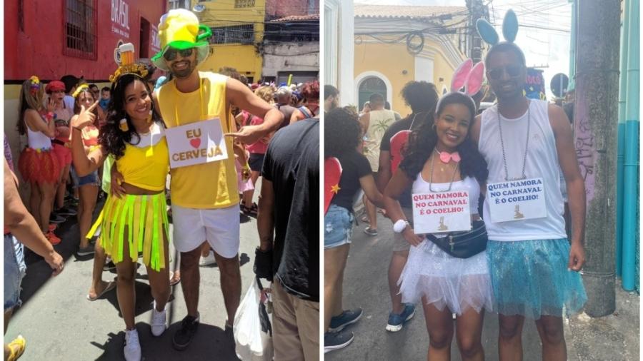 Jamille Daltro e Filipe Carvalho curtindo o Carnaval em 2020 e em 2023 - Arquivo pessoal