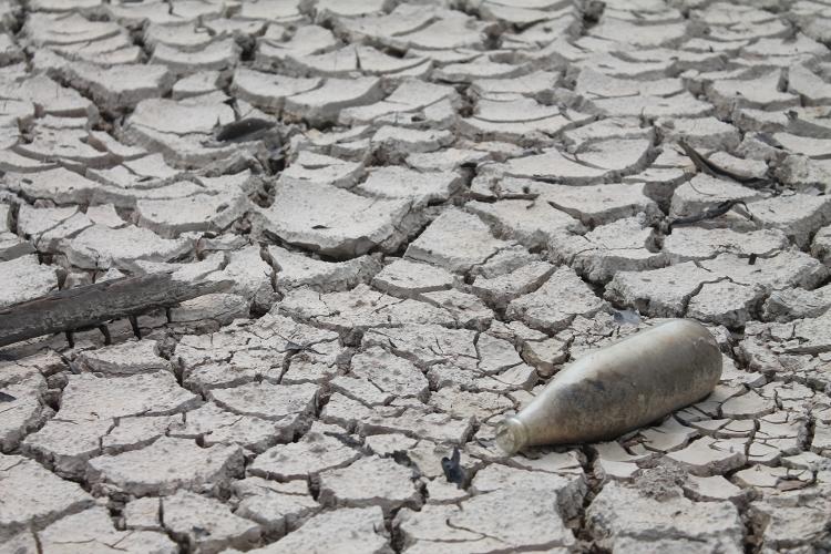 Garrafa em trecho seco de um lago