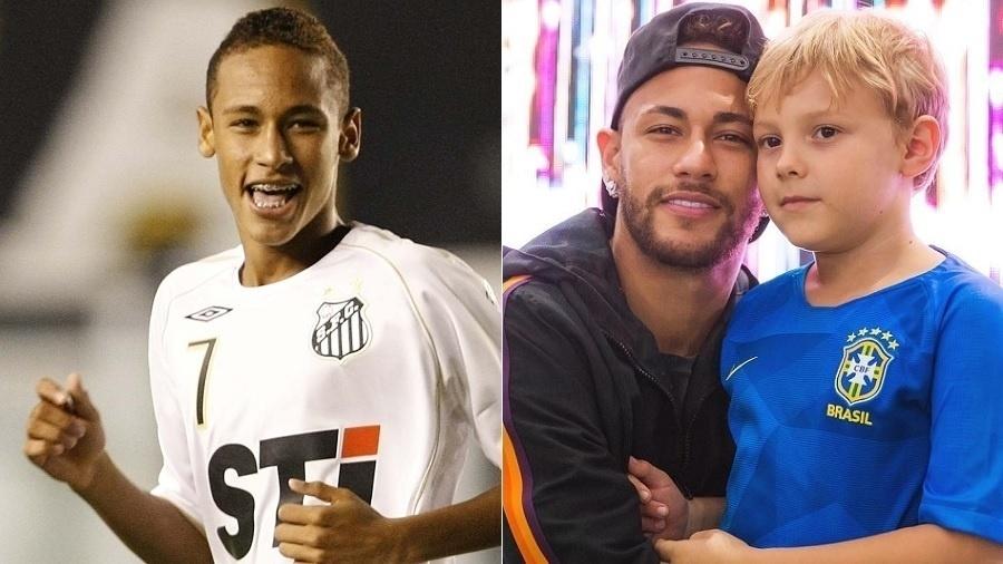 Neymar estreou como jogador profissional aos 17 anos. Na época, usava aparelho e não mexia tanto no cabelo. Hoje, aos 26, o jogador trocou de camisa (do Santos pela do PSG), tatuou o corpo e virou pai de Davi Lucca, ainda longe da puberdade - Montagem/UOL