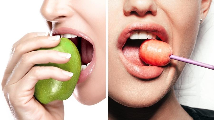 A maçã e o pirulito têm quantidade parecida de calorias, mas diferem muito em termos de valor nutritivo - Getty Images