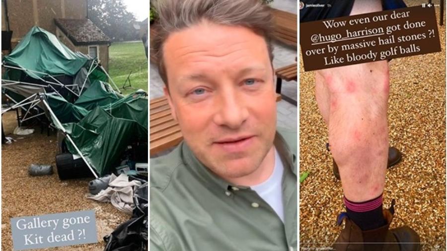Jamie Oliver mostrou estúdio destruído e a perna de um membro da equipe ferido pelos granizos - Reprodução