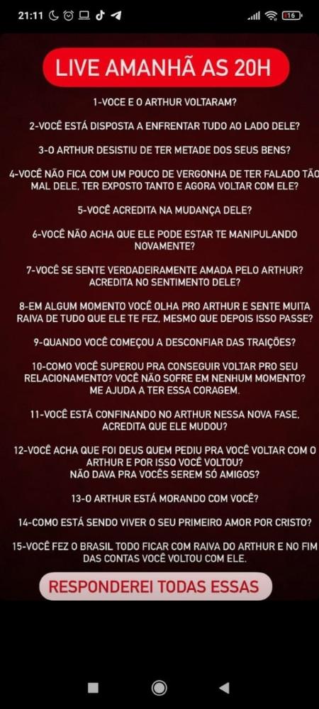 Mayra Cardi havia agendado para hoje às 20h uma live em que falaria sobre a relação com Arthur Aguiar - Reprodução/Instagram - Reprodução/Instagram
