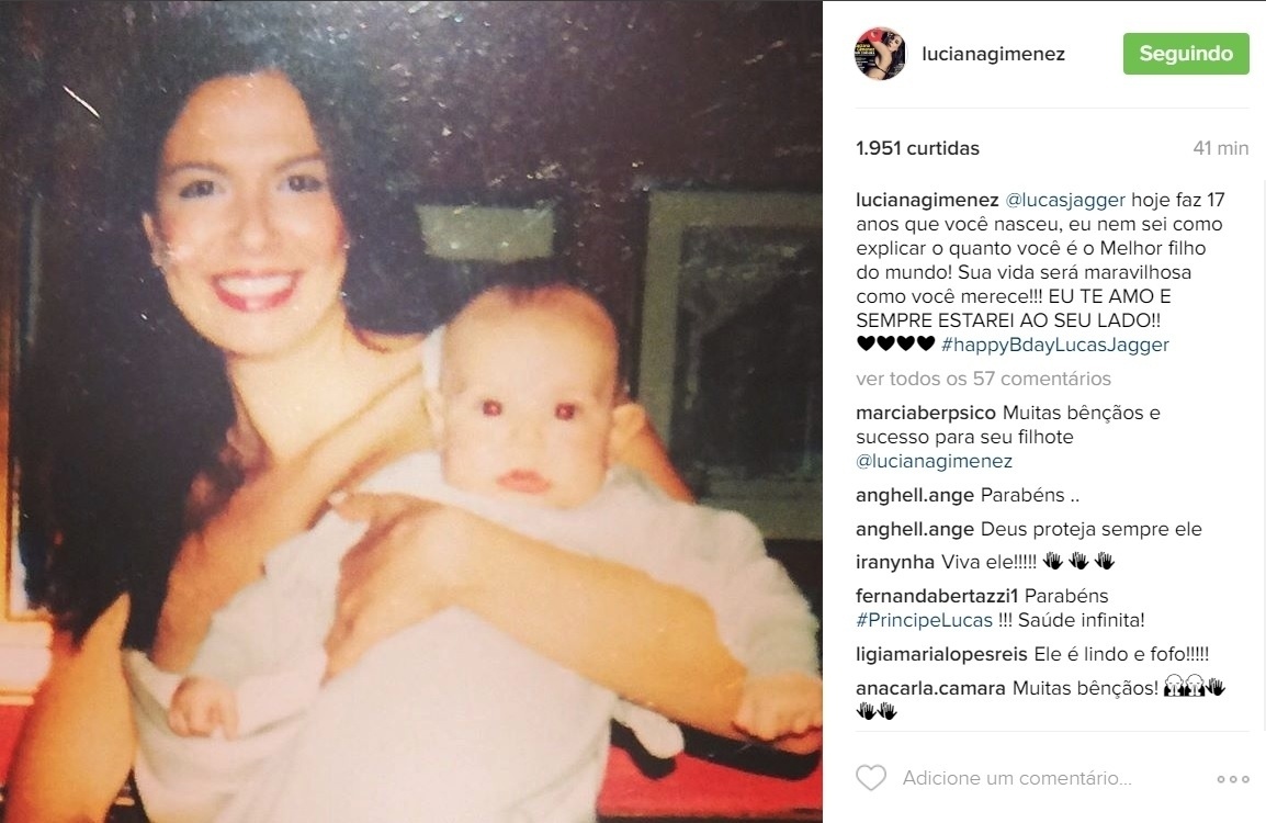 18.mai.2016 - Lucas Jagger, filho de Luciana GImenez e Mick Jagger, ganhou uma homenagem da mãe no dia em que completa 17 anos. Na madrugada desta quarta-feira, a apresentadora da RedeTV! postou uma foto antiga no Instagram em que aparece com Lucas, ainda bebê, no colo. "@lucasjagger hoje faz 17 anos que você nasceu, eu nem sei como explicar o quanto você é o Melhor filho do mundo! Sua vida será maravilhosa como você merece!!! Eu te amo e sempre estarei ao seu lado!! #happyBdayLucasJagger", escreveu ela - Reprodução /Instagram /lucianagimenez