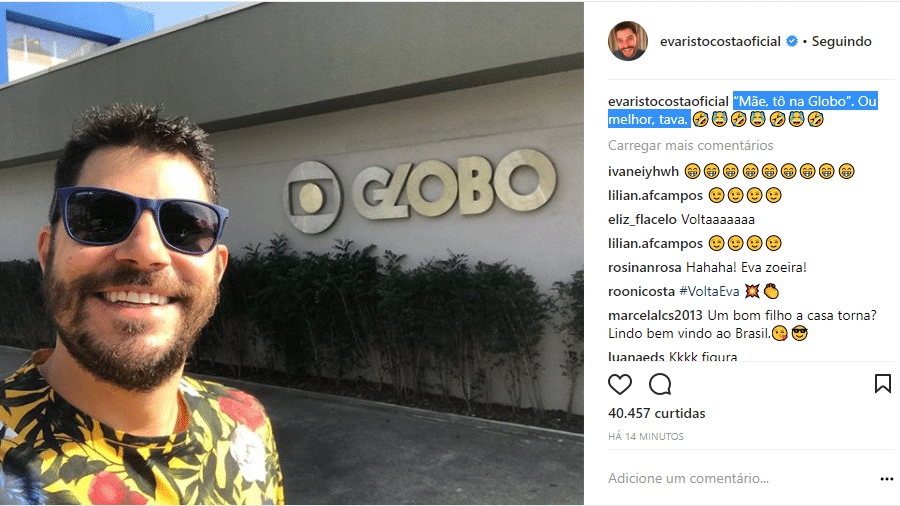 Evaristo Costa tira foto em frente à Globo e faz piada - Reprodução/Instagram