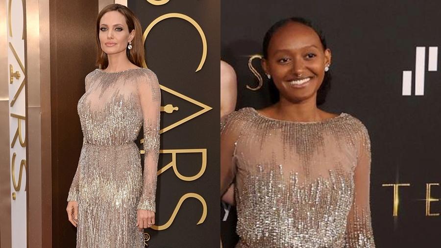 Angelina e Zahara dividem o mesmo vestido longo Elie Saab com brilhos que a atriz usou em 2014 - Getty Images
