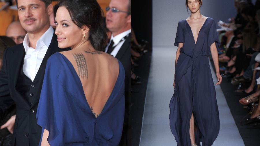 O estilista Max Azria planejou o vestido com um decote frontal, mas Angelina Jolie preferiu usá-lo ao contrário - Steve Granitz/WireImage